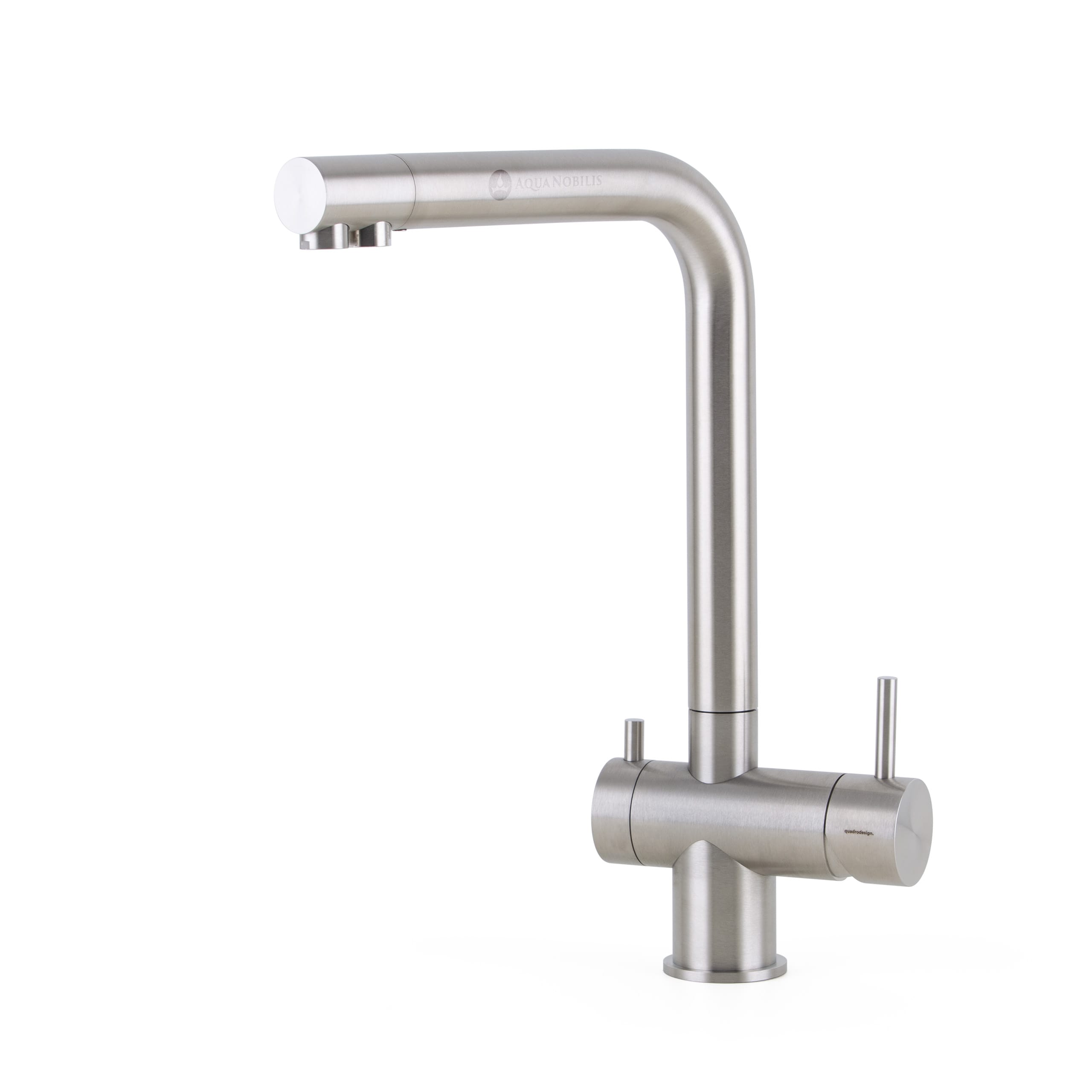 QuadroDesign Idealaqua Inox 383 AS a3 Wege Edelstahl Wasserhahn in L-Form - hoch - matt - Frontansicht