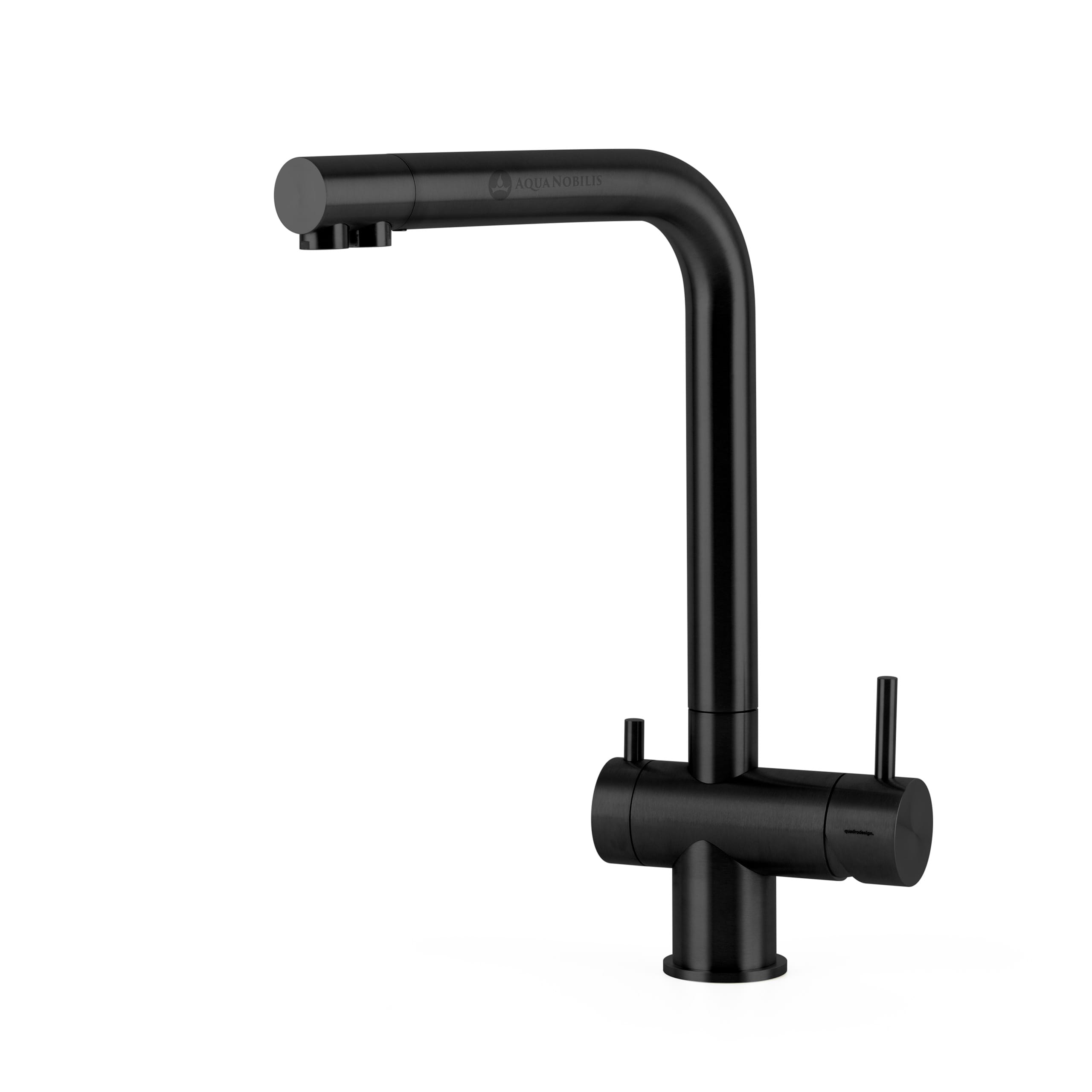 QuadroDesign Idealaqua Inox 383 ON 3 Wege Edelstahl Wasserhahn in L-Form - hoch - matt schwarz - Frontansicht