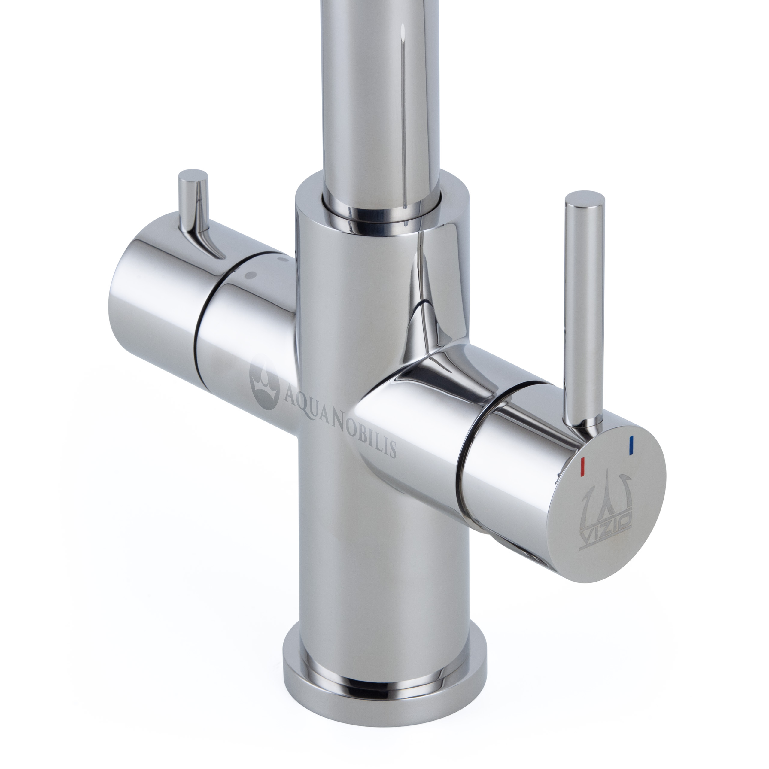 Vizio 3 Wege Edelstahl Wasserhahn in L-Form - mit ausziehbarer Brause - glaenzend - Detailansicht Bedienhebel