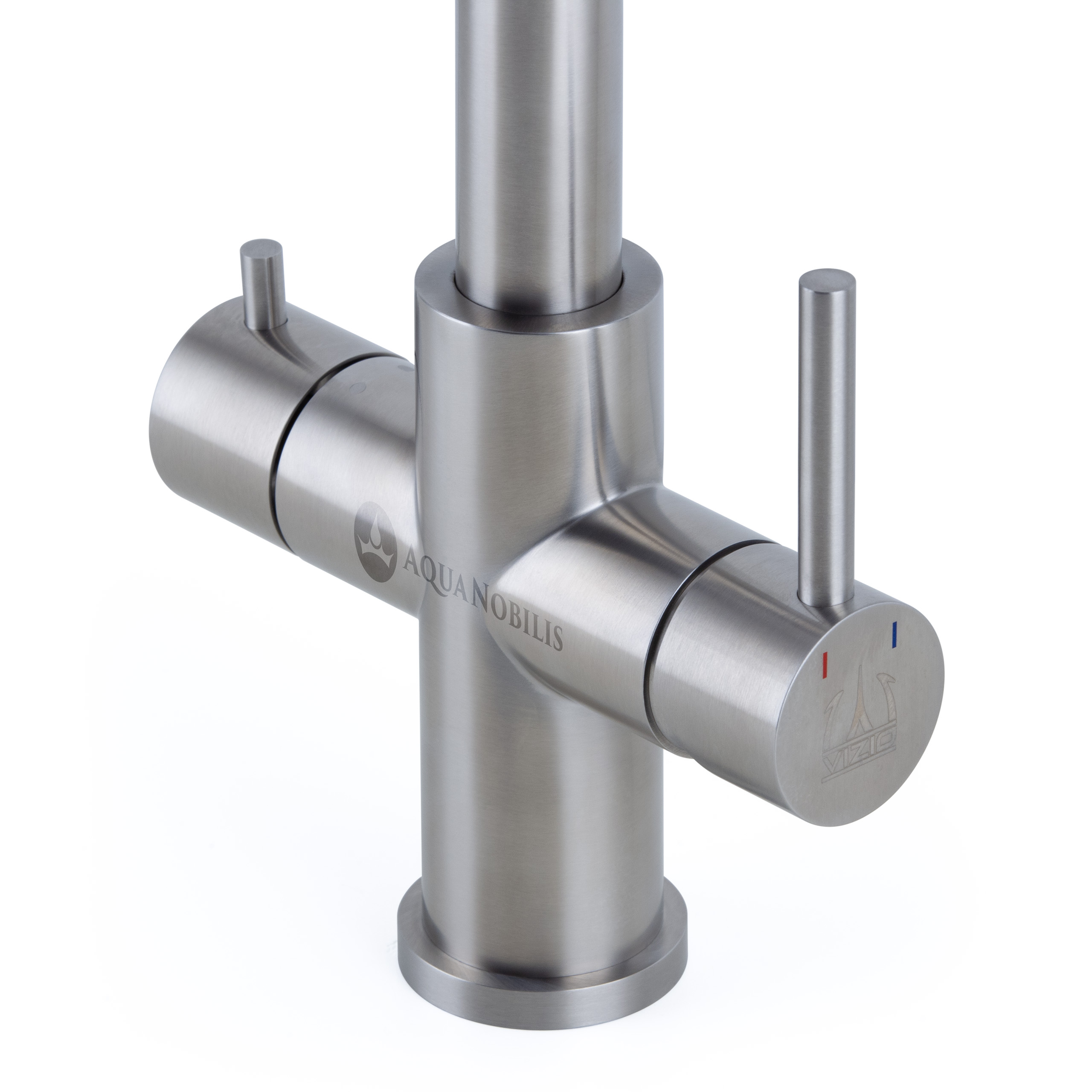 Vizio 3 Wege Edelstahl Wasserhahn in L-Form - mit ausziehbarer Brause - matt - Detailansicht Bedienhebel