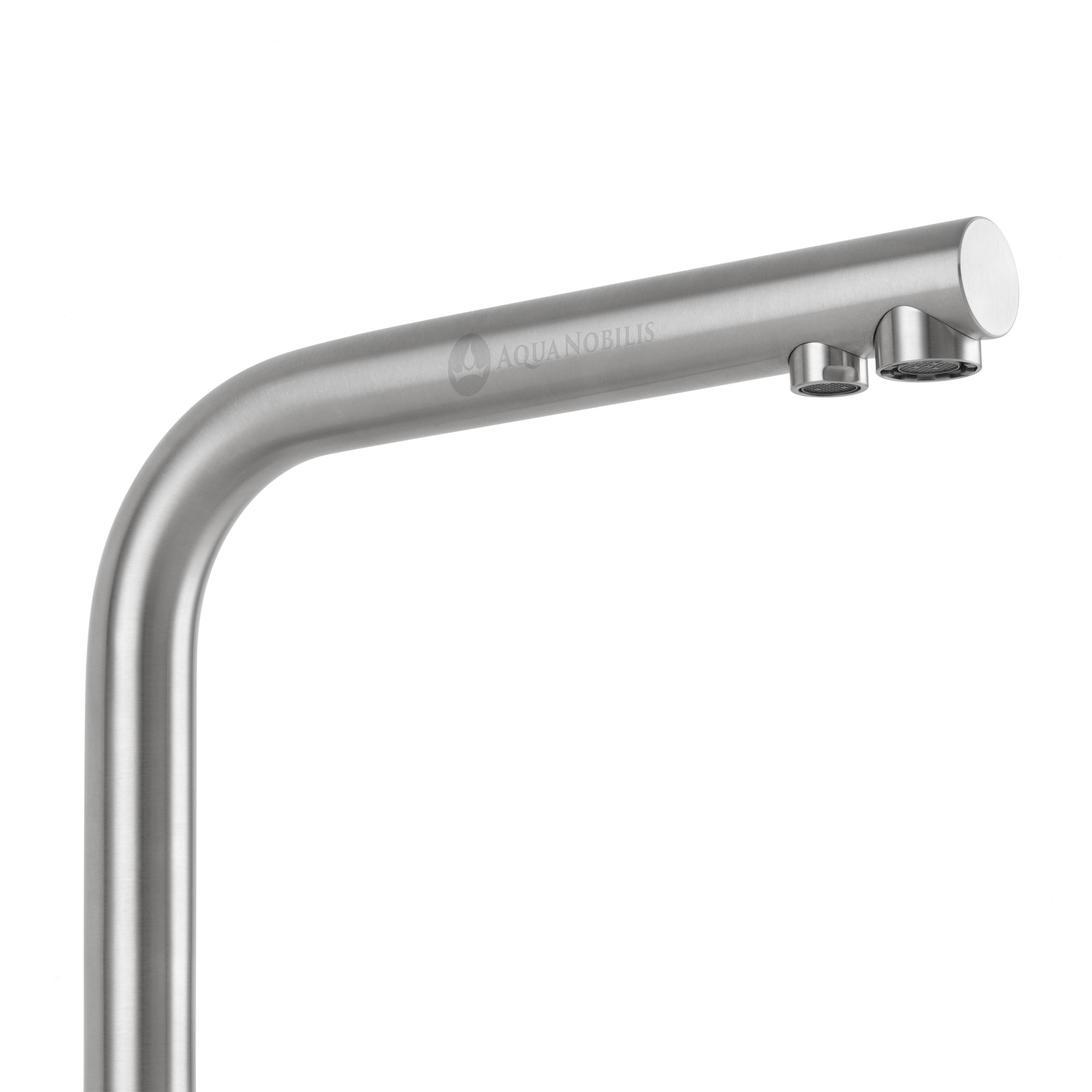 Vizio 3 Wege Edelstahl matt Wasserhahn in L-Form Detailansicht Perlator-Auslauf