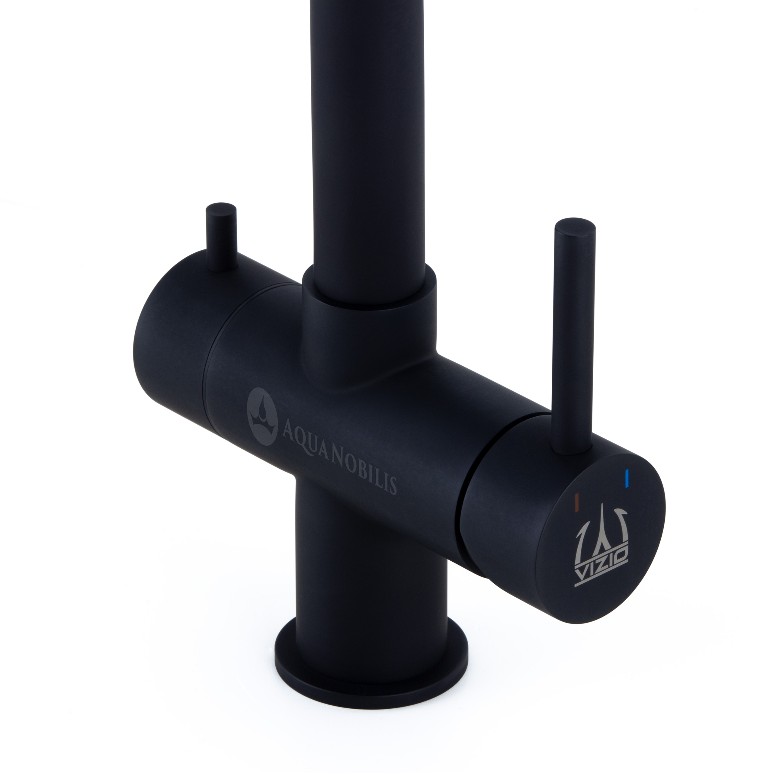 Vizio 3 Wege Edelstahl schwarz Wasserhahn Detailansicht Bedienhebel